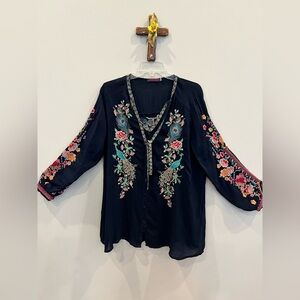 Johnny Was navy blue Embellished 3/4 Sleeve Blouse